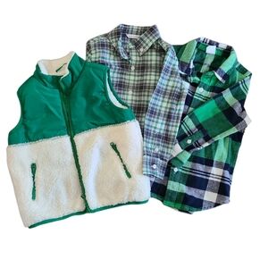 Sherpa Vest with 2 Green Plaid Button Up Shirts Set Bundle